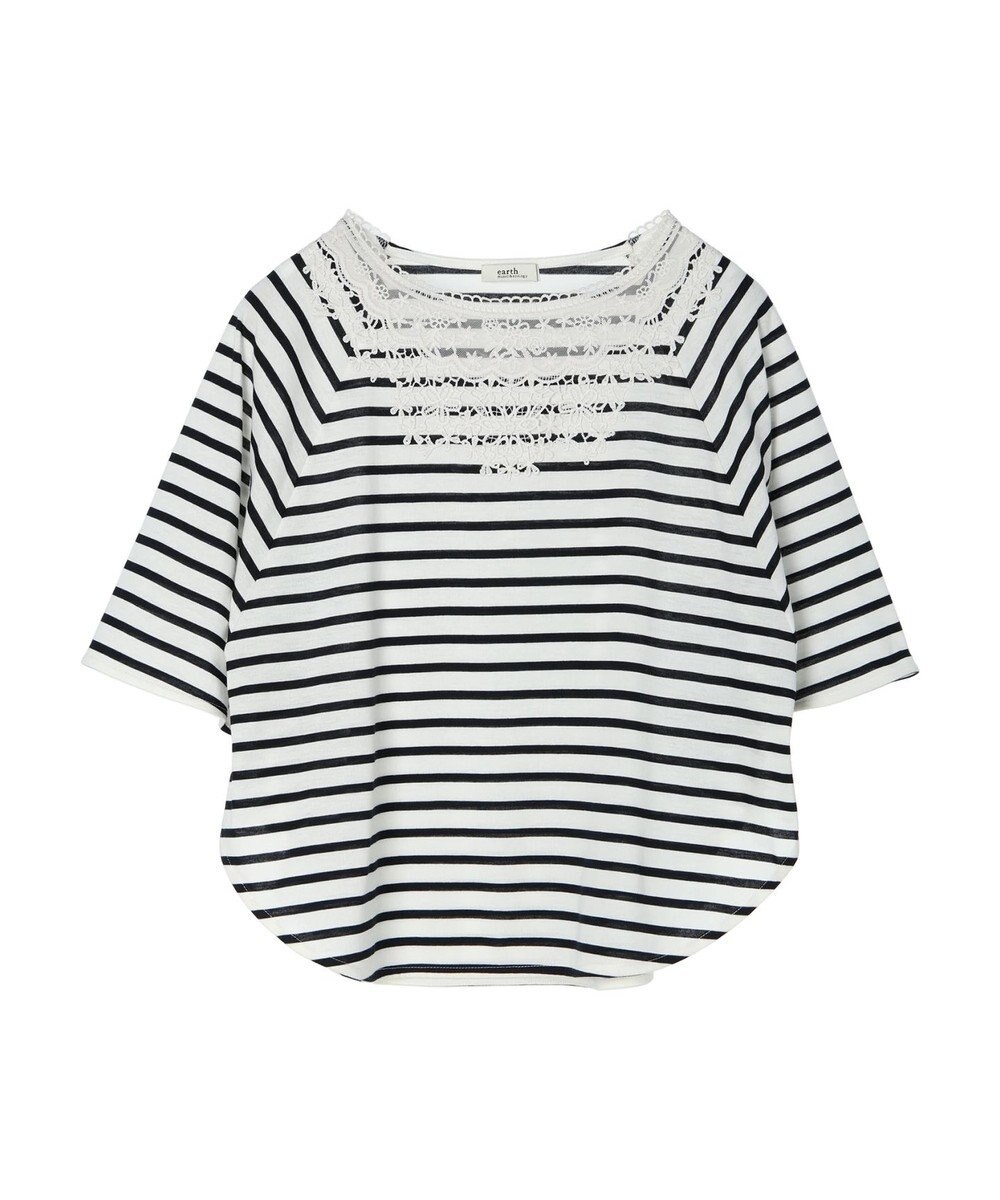 earth music&ecology 襟レースボーダーポンチョ 