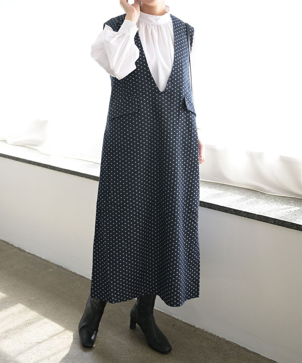 Ripo trenta anni 【洗える/デニムジャガード】V-NECK DOTS DENIM DRESS デニムワンピース INDIGO