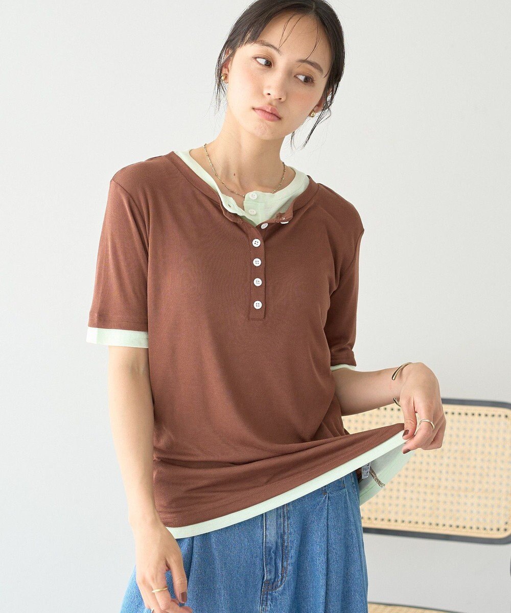earth music&ecology シアーレイヤード風5分袖プルオーバー 