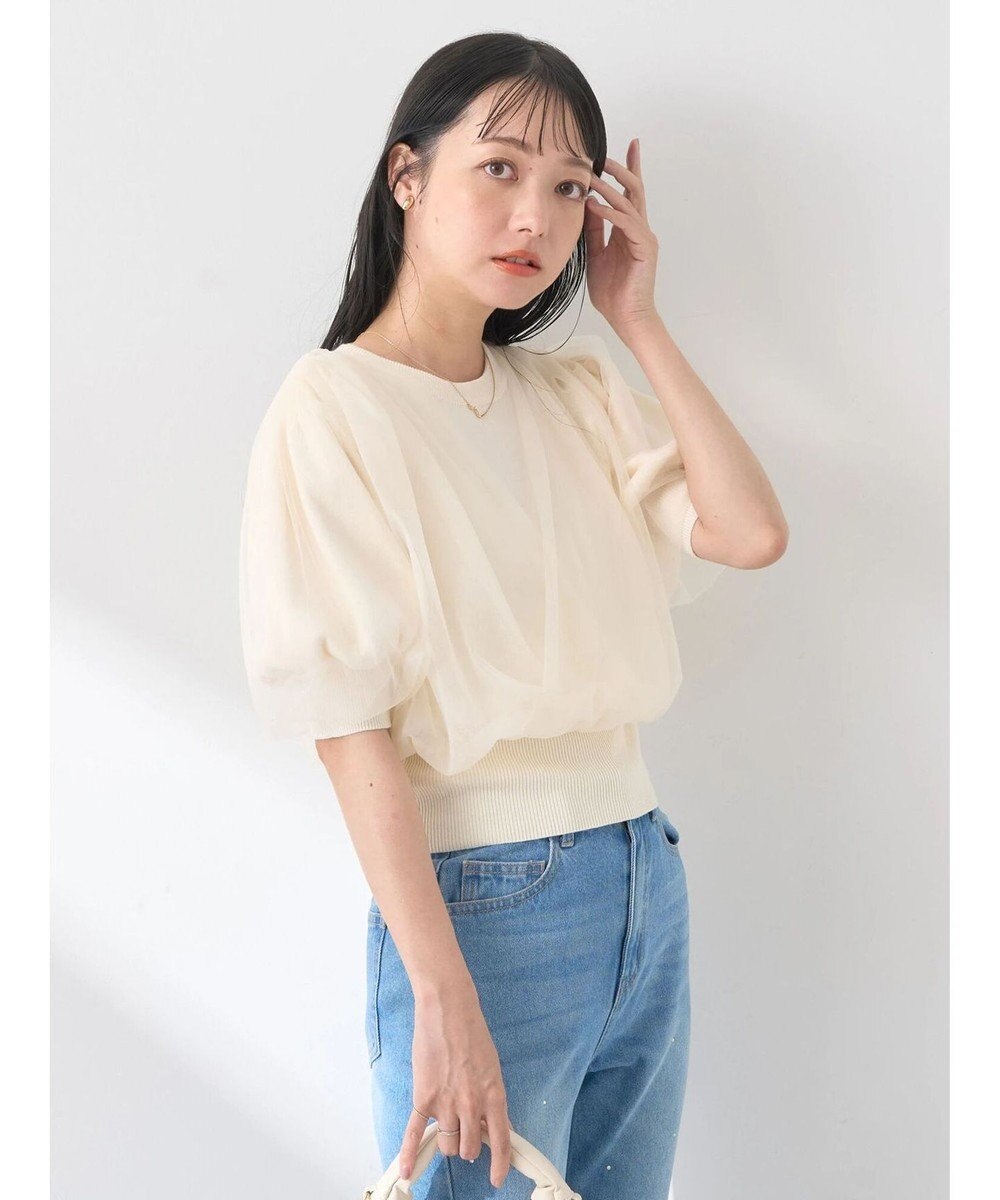 earth music&ecology チュールドッキング半袖ニットプルオーバー 