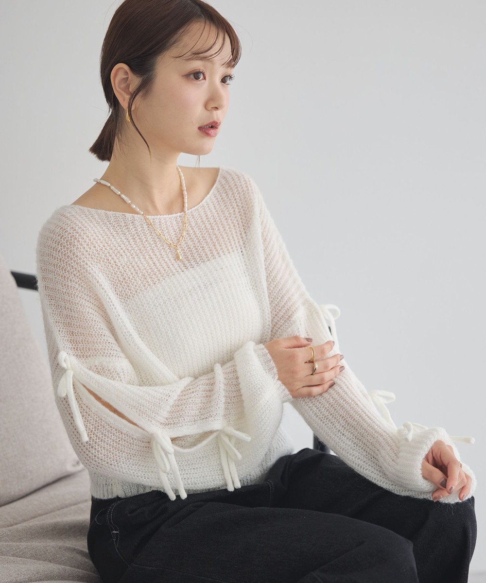 earth music&ecology サイドリボン透かしニットプルオーバー 