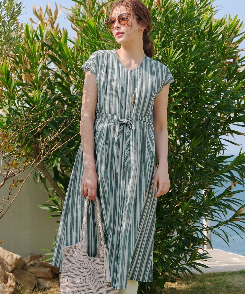 Tiaclasse 【洗える】麻調前開きフレンチワンピース 