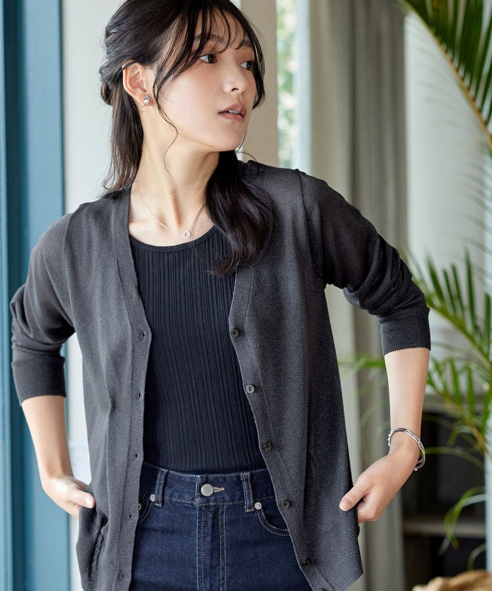 Tiaclasse L Vネックラメニットシアーカーディガン 