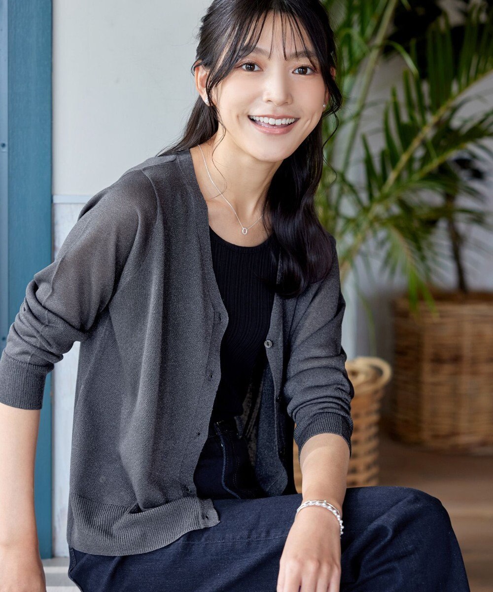 Tiaclasse L Vネックラメニットシアーカーディガン 