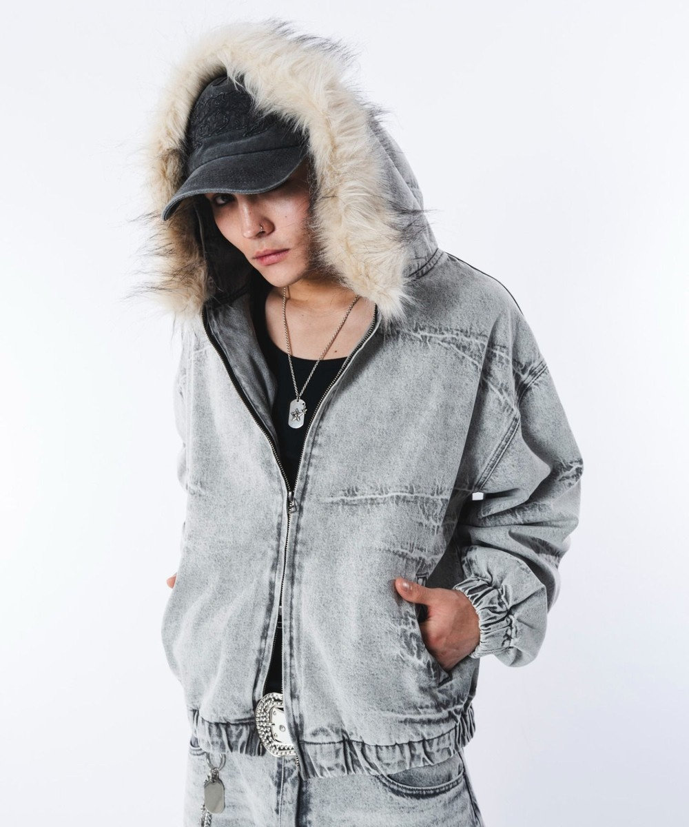 WEGO 【ユニセックス着用ITEM】ファーフードスラッシュデニムブルゾン 