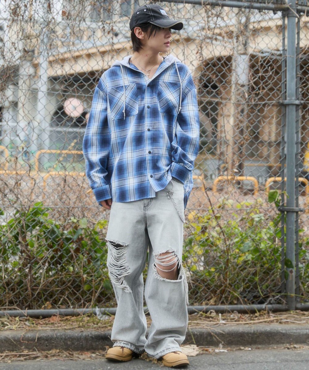 WEGO 【ユニセックス着用ITEM/MLサイズ展開】オンブレチェックフードシャツ（LS） 