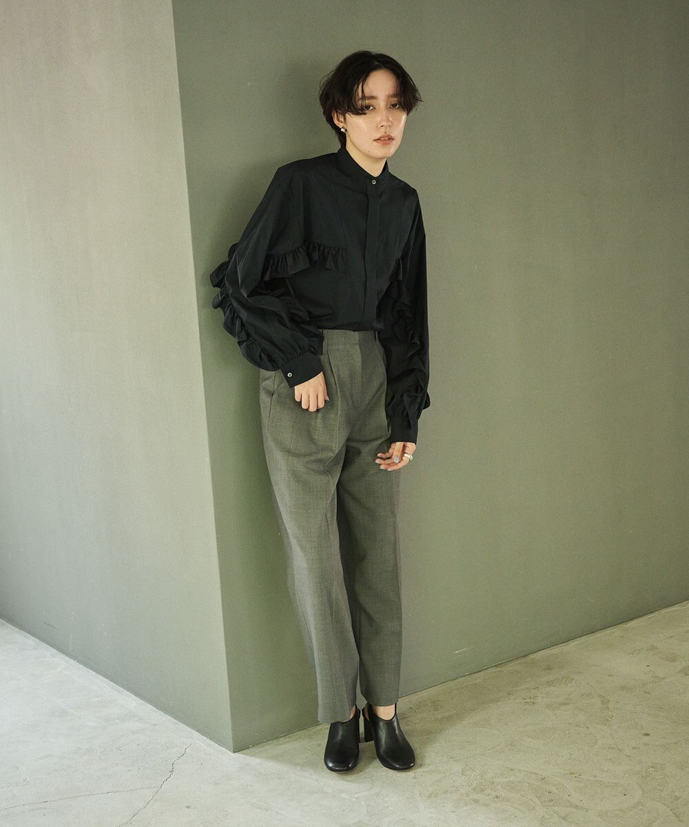 #Newans 【シワになりにくい/洗濯機可能】ラウンドフリルバンドカラーシャツ 