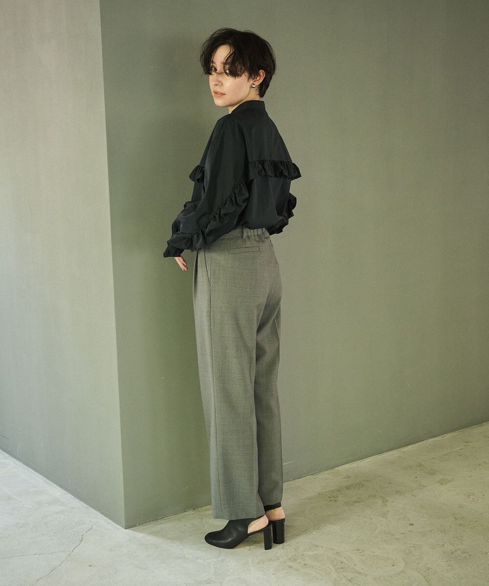 #Newans 【シワになりにくい/洗濯機可能】ラウンドフリルバンドカラーシャツ 