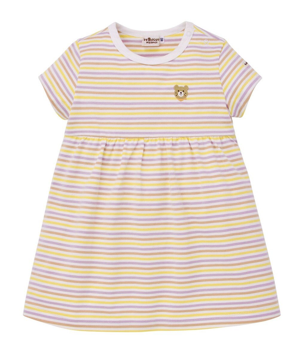 MIKI HOUSE HOT BISCUITS 【80-120cm】みじんボーダー ワンポイント刺繍 半袖ワンピース 