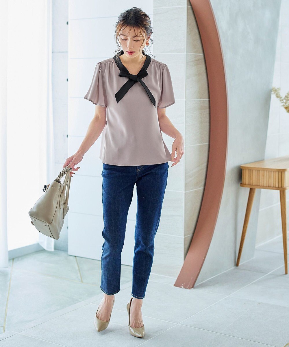 Tiaclasse 【洗える】配色リボンタイブラウス 