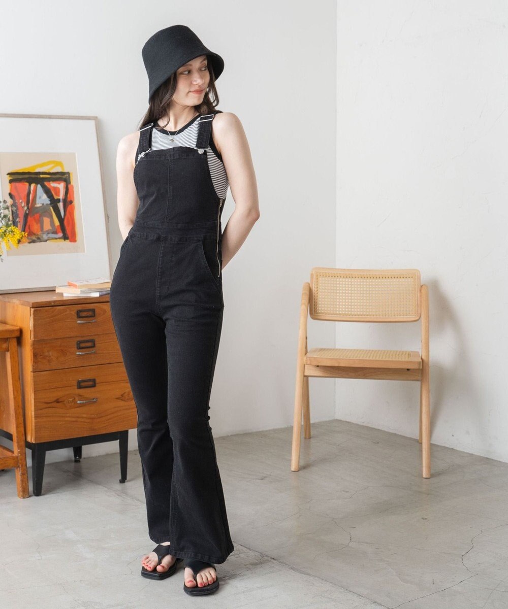 WEGO ハイウエストストレッチフレアデニムサロペット 