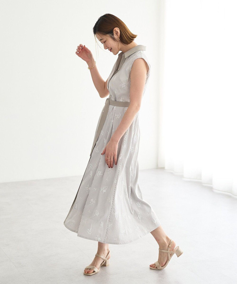 YECCA VECCA ストライプ柄フラワー刺繍ワンピース 