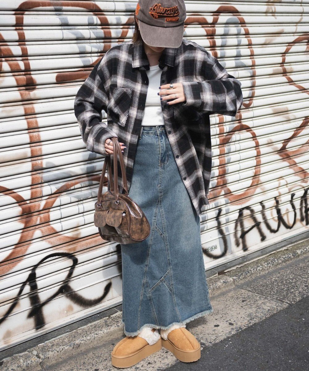 WEGO フリンジチェックBIGネルシャツ 