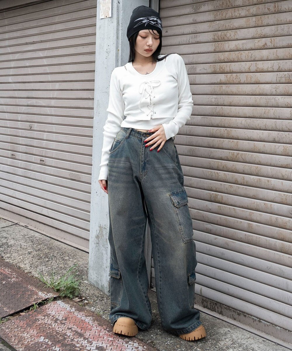 WEGO レイヤード風レースアップトップス 