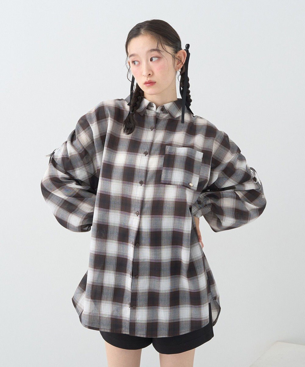 earth music&ecology 【2WAY】２ｗａｙショルダードロストリボンチェックシャツ 