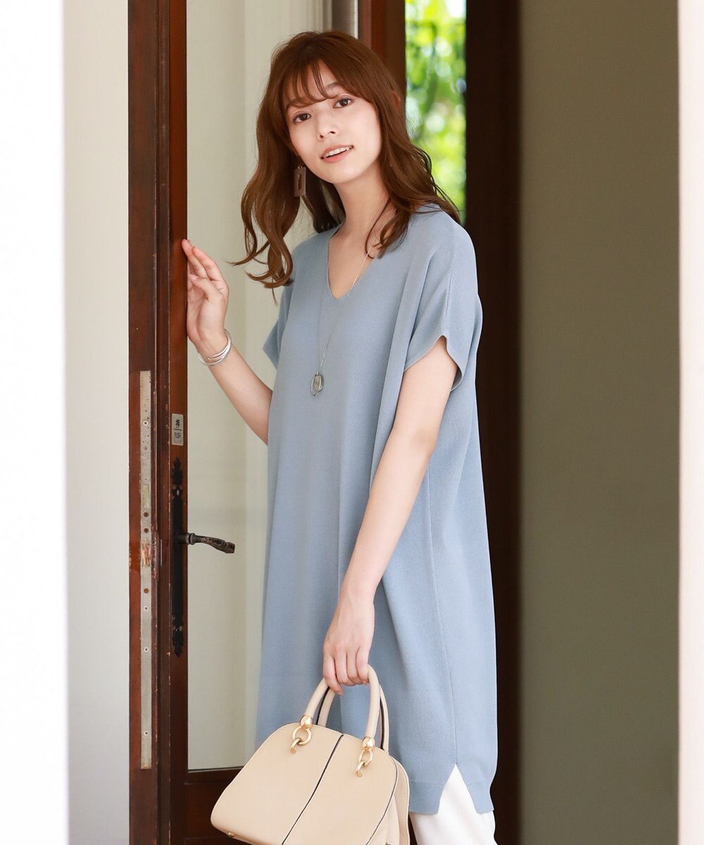 Tiaclasse L 【洗える】さらりと肌離れの良いフレンチスリーブニットチュニック 