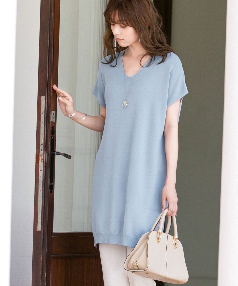 Tiaclasse L 【洗える】さらりと肌離れの良いフレンチスリーブニットチュニック 