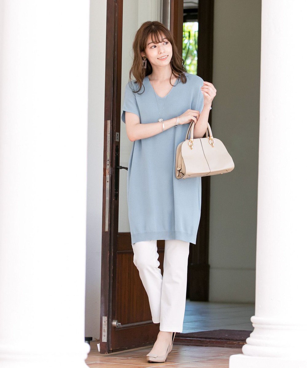 Tiaclasse L 【洗える】さらりと肌離れの良いフレンチスリーブニットチュニック 