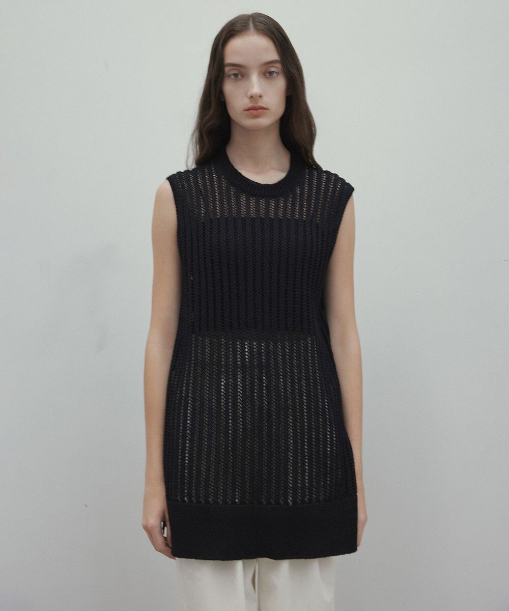 BEIGE， 【洗える】ALOE / コットンメッシュオーガンジーノースリーブニット 