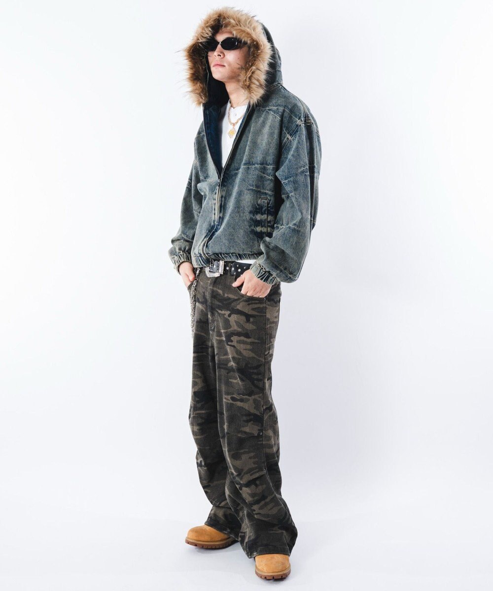 WEGO 【ユニセックス着用ITEM】ファーフードスラッシュデニムブルゾン 