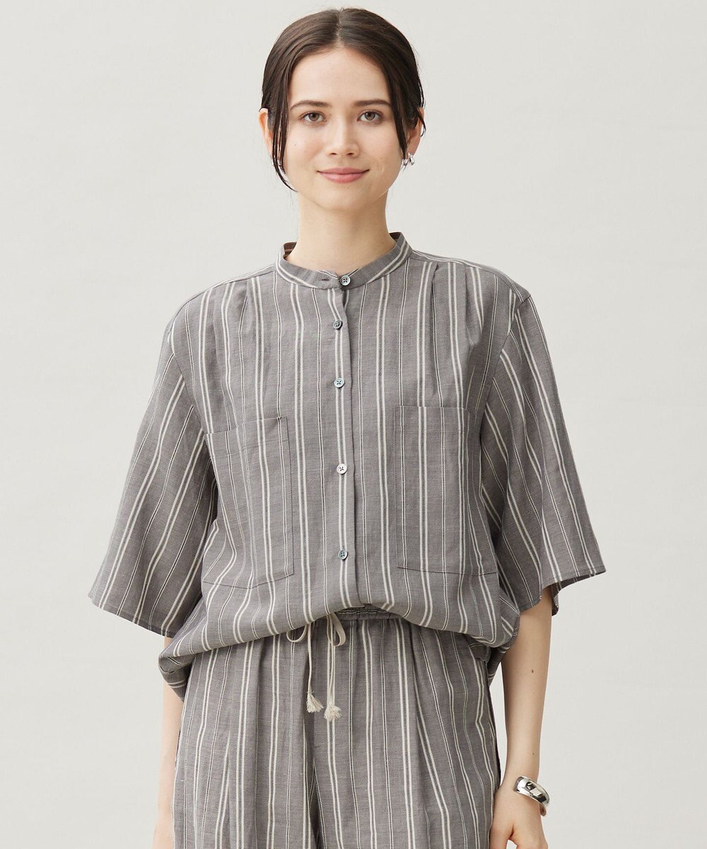 自由区 S 【カタログ掲載・セットアップ対応・洗える】リネンビスコースストライプ シャツ 