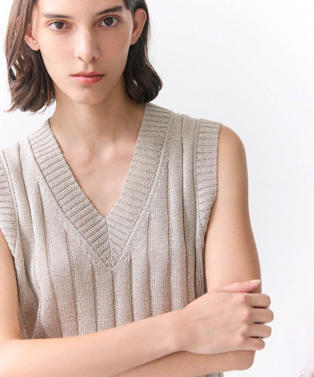 BEIGE， OPTICAL /  ペーパーヤーン Vネックリブニット 