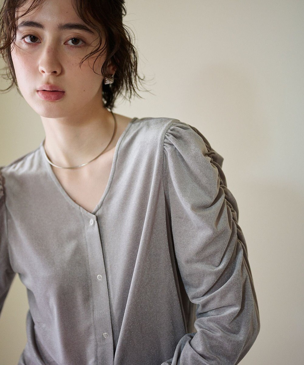 #Newans 【洗濯機可／ 前後着用可】 ギャザースリーブシアーベロアカーディガン 