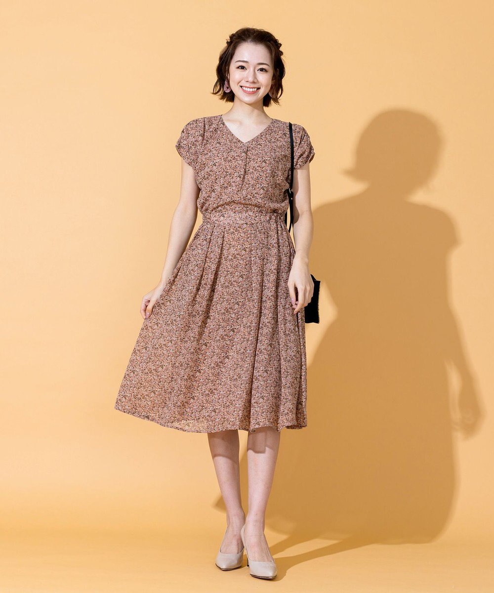 Tiaclasse L 【洗える】程良い透け感のシフォン花柄フレンチワンピース 