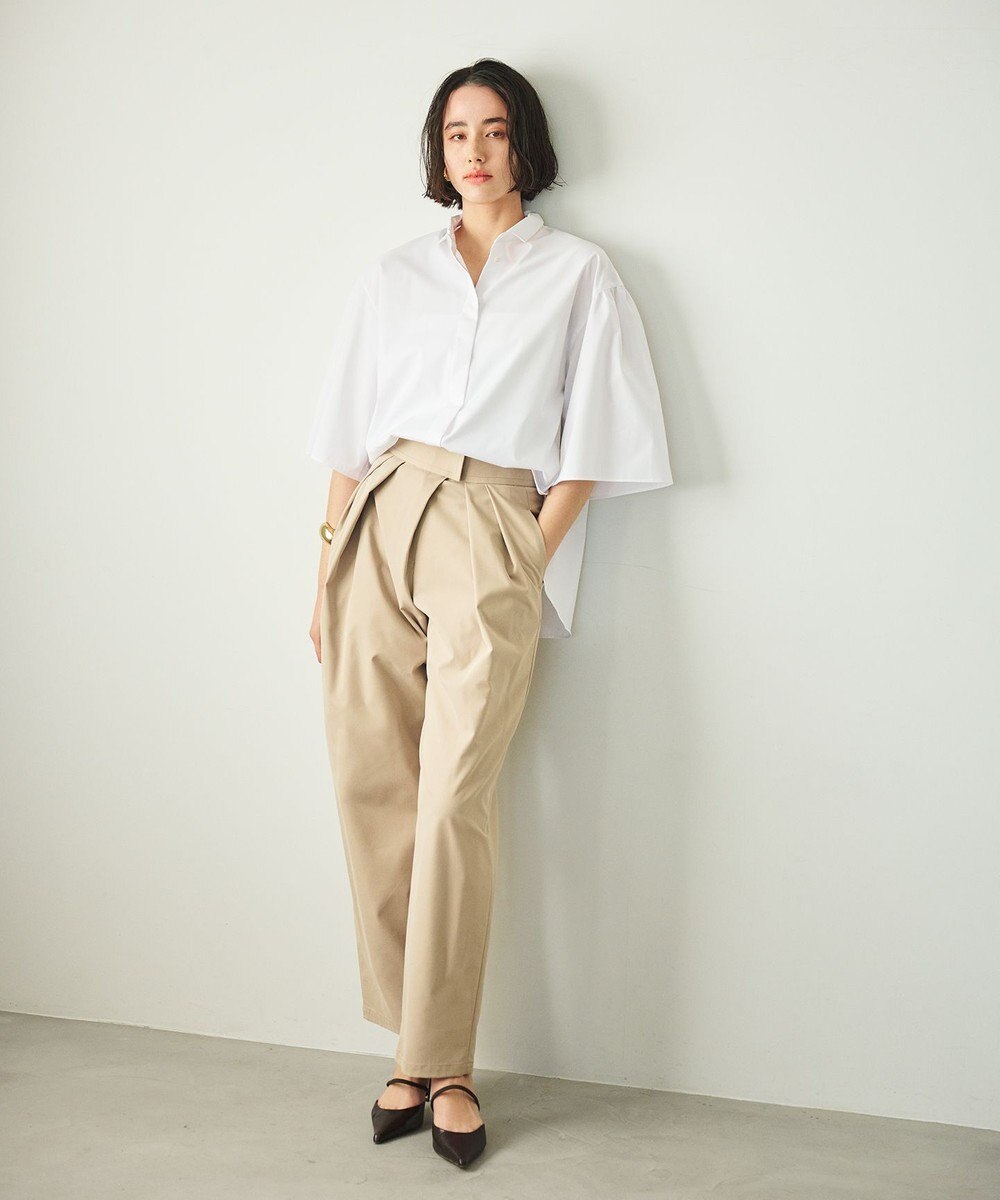 #Newans 【洗濯機可能/シワになりにくい】〈お尻・太ももをカバー〉フレアスリーブイタリアンカラーシャツ 