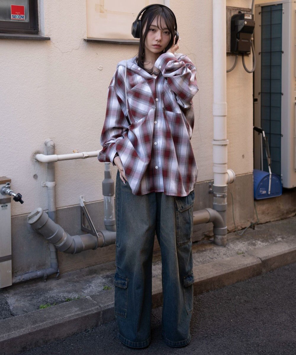 WEGO 【ユニセックス着用ITEM/MLサイズ展開】オンブレチェックフードシャツ（LS） 