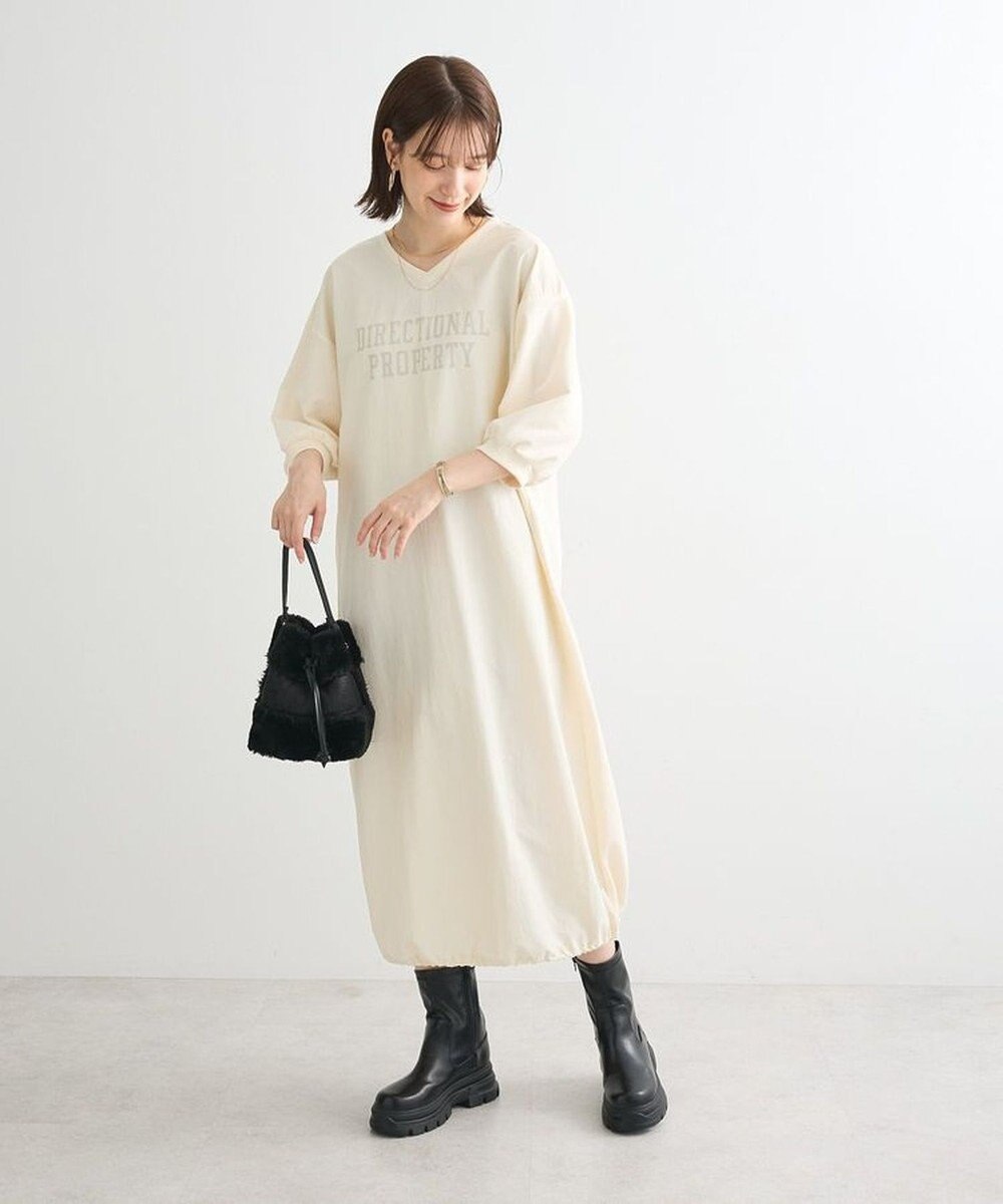 Green Parks ７分袖裏毛ドッキングロゴワンピース 