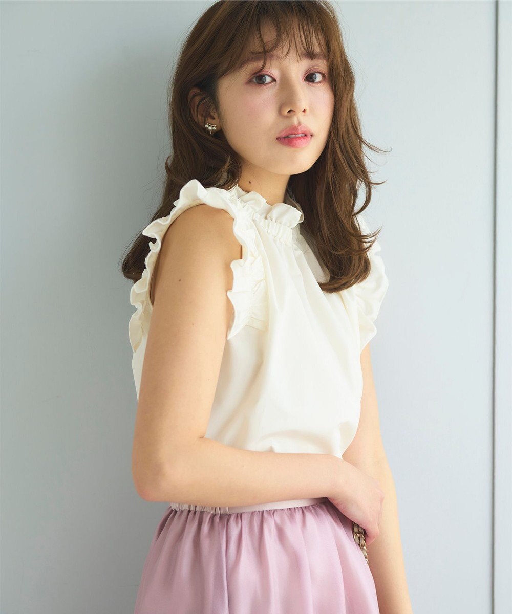 Feroux 【洗える】スタンドカラーフリルスリーブ ブラウス 