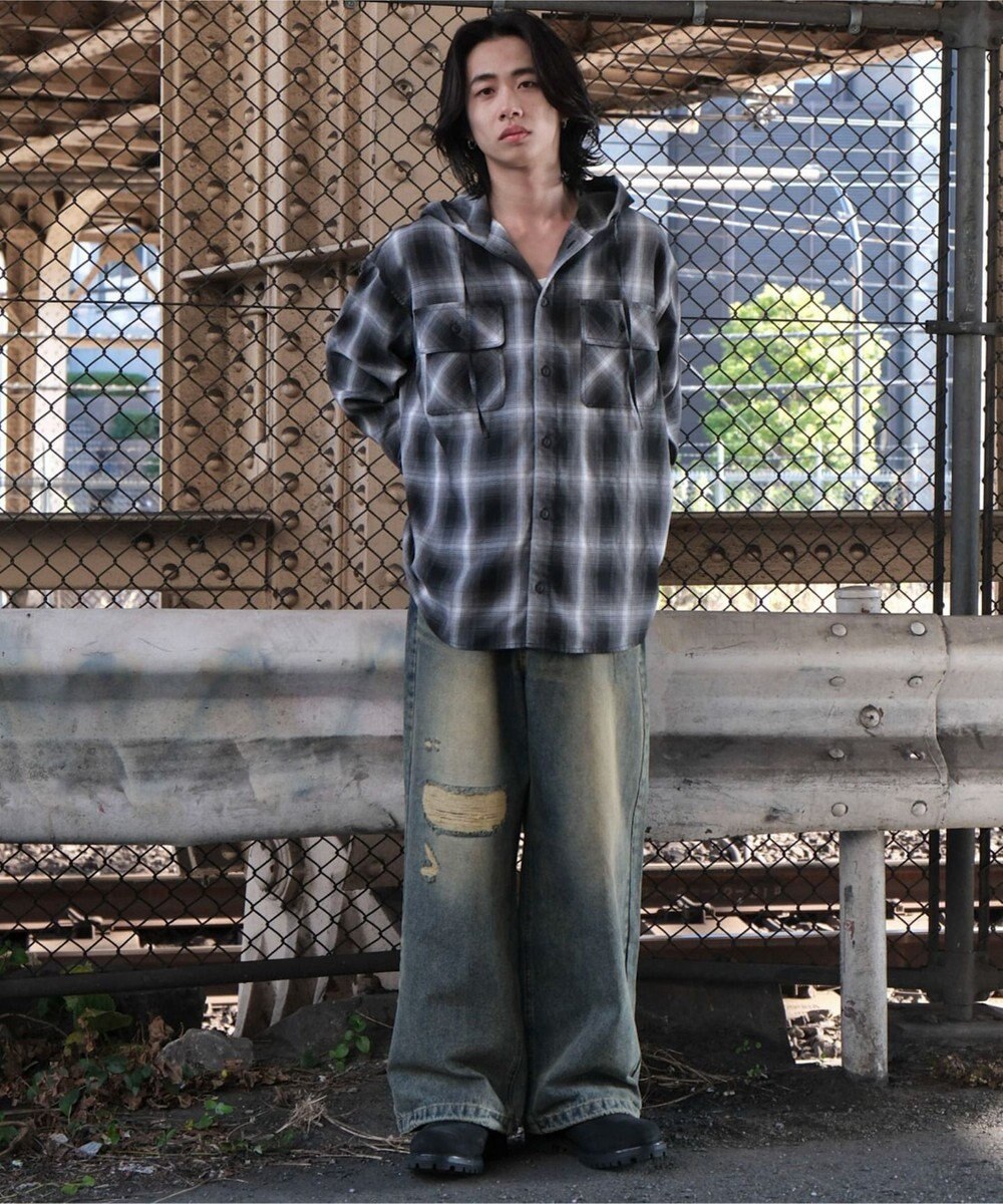WEGO オンブレチェックフードシャツ（LS） 