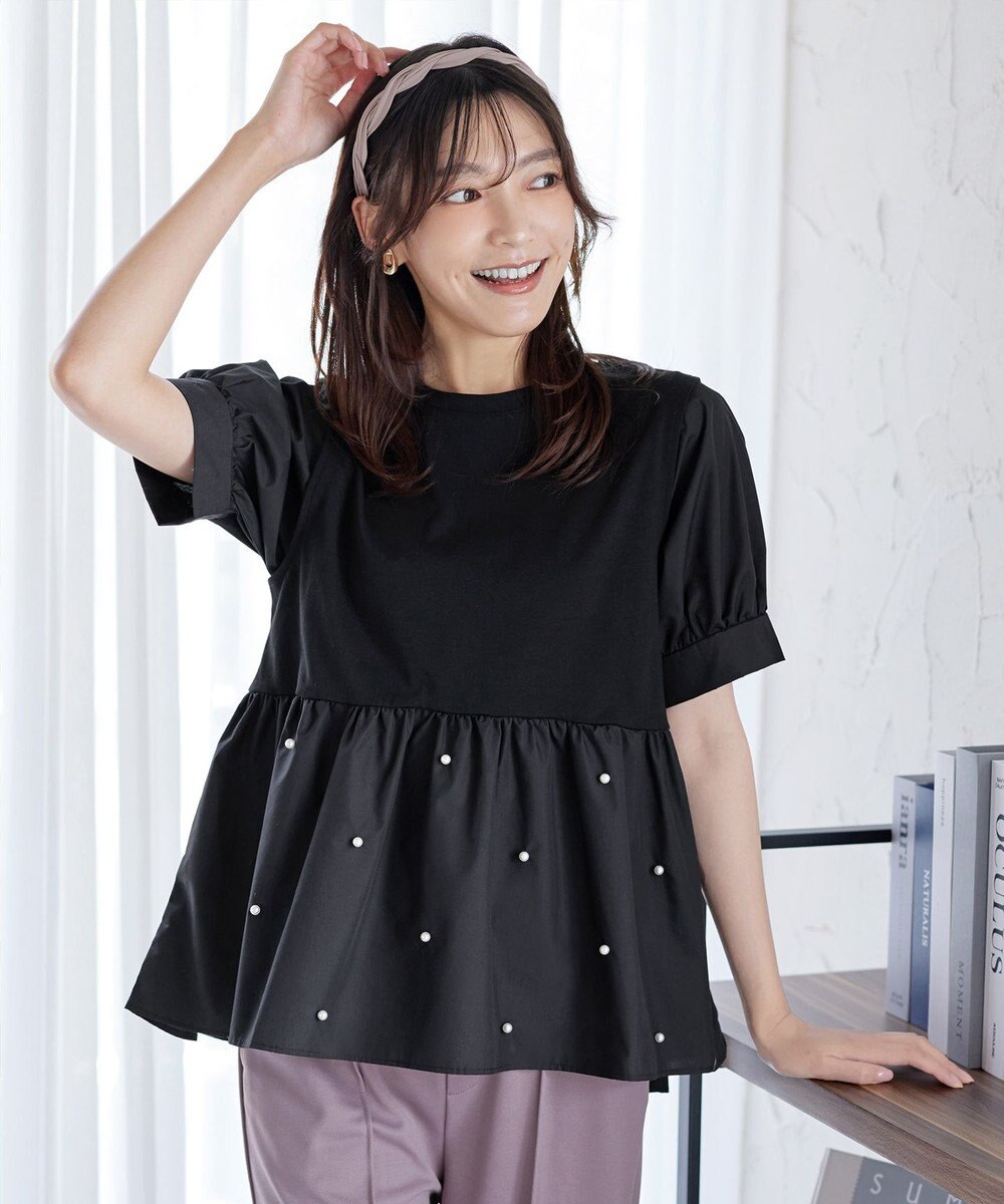 Tiaclasse L 【洗える】パール付きカットソードッキングブラウス 