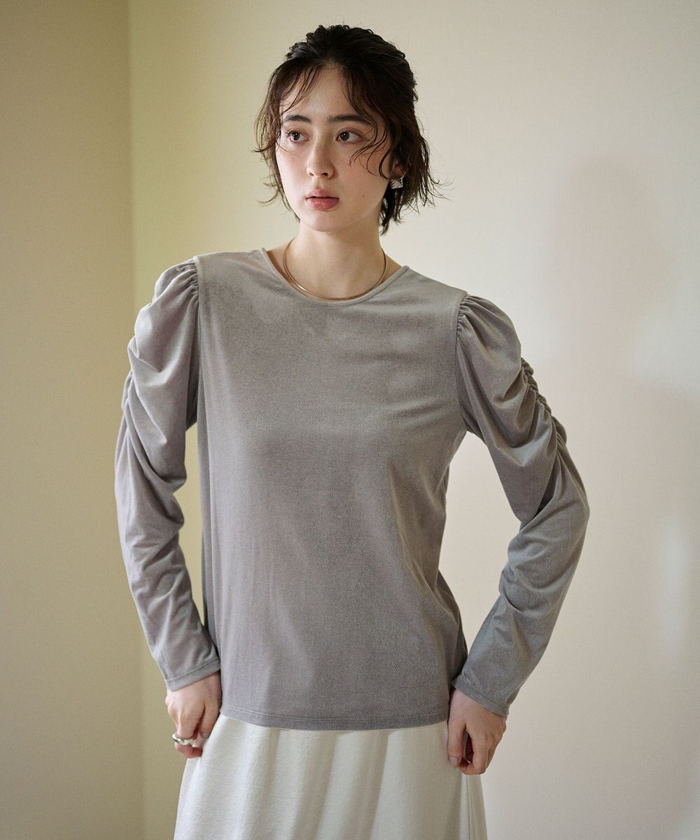 #Newans 【洗濯機可／ 前後着用可】 ギャザースリーブシアーベロアカーディガン 