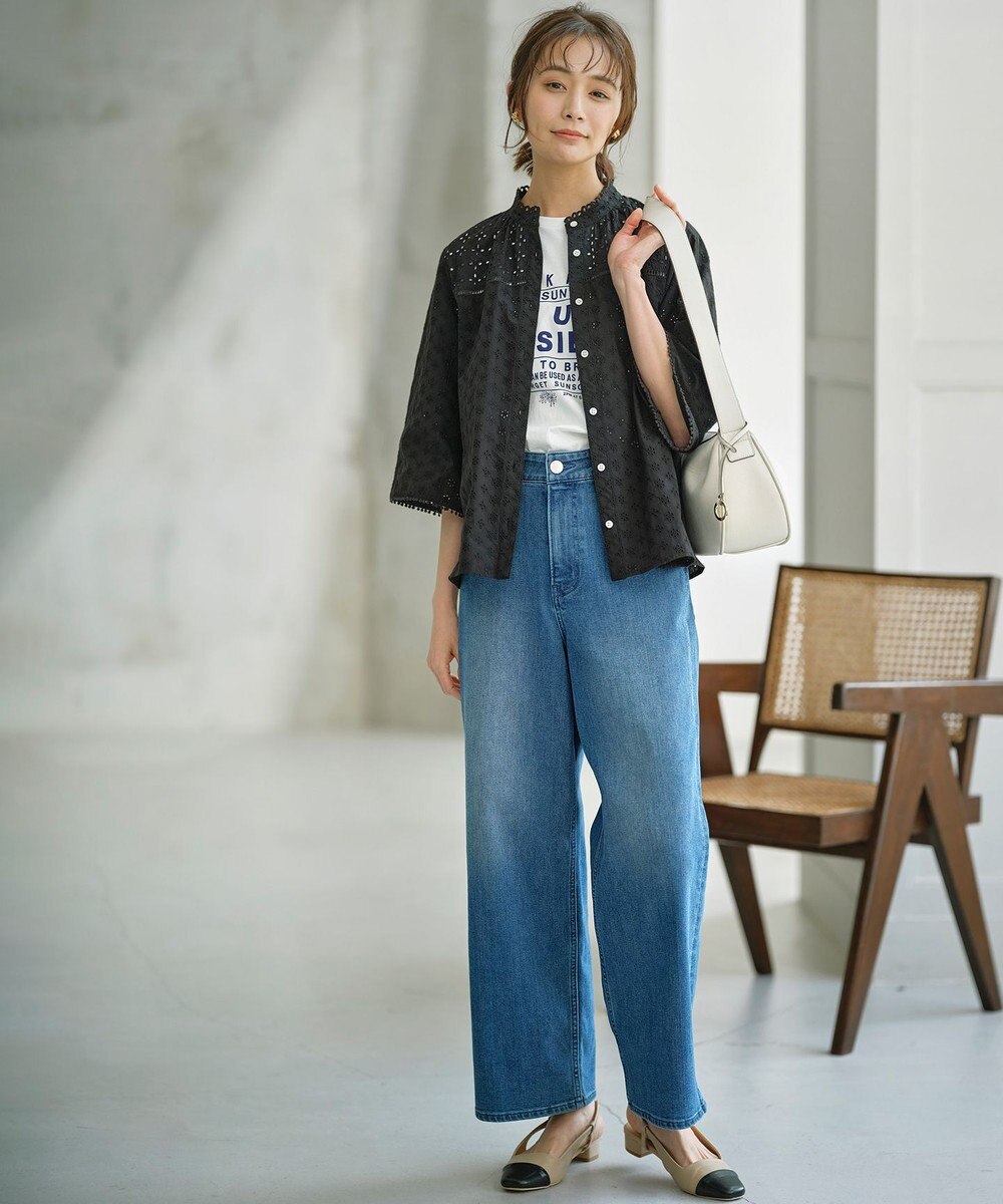 組曲 L 【ストレッチ】ミッドデニム ワイドストレートパンツ 