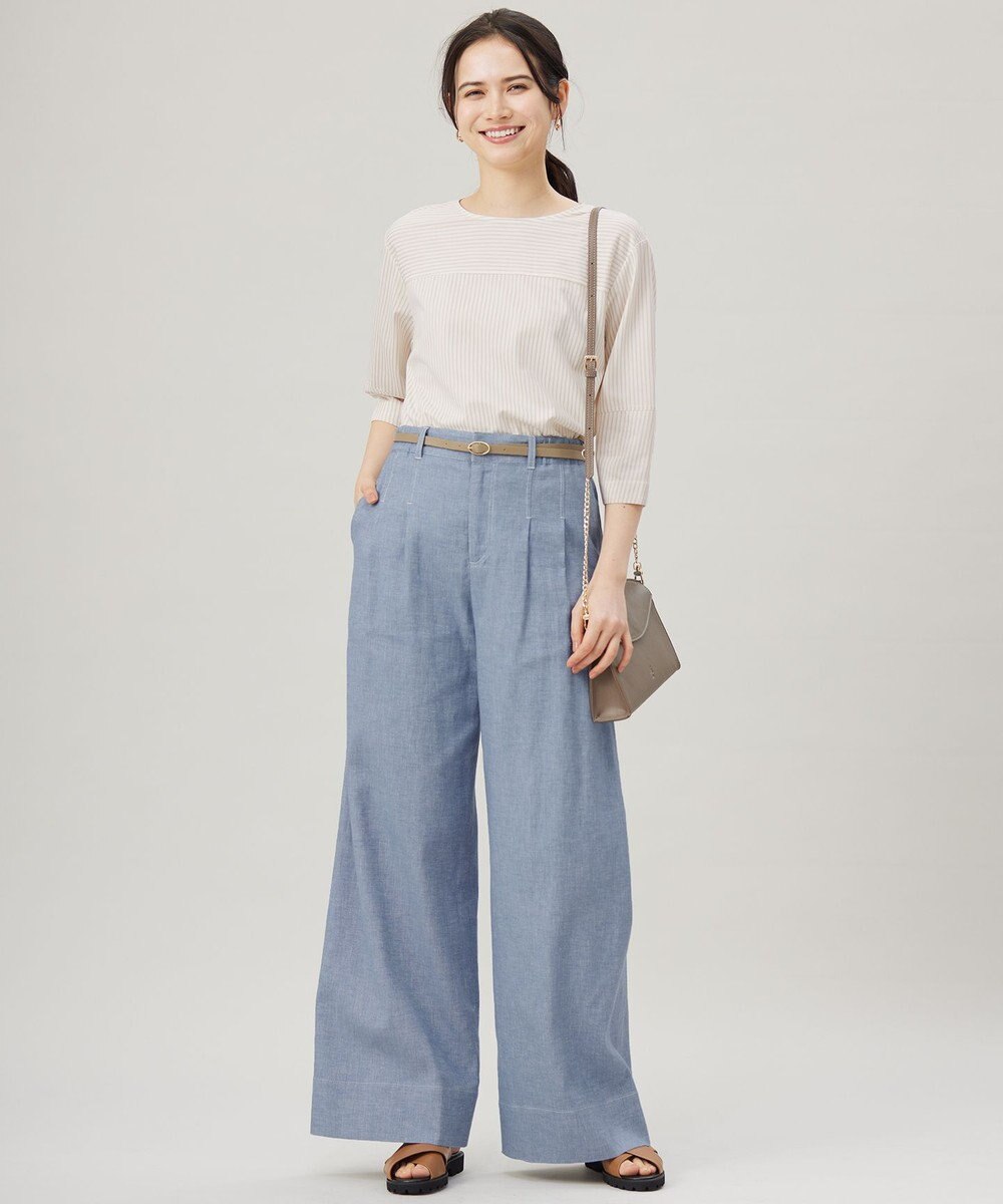 自由区 L 【接触冷感・UVカット・洗える】ストライプコットンハイゲージフォルムスリーブ カットソー 