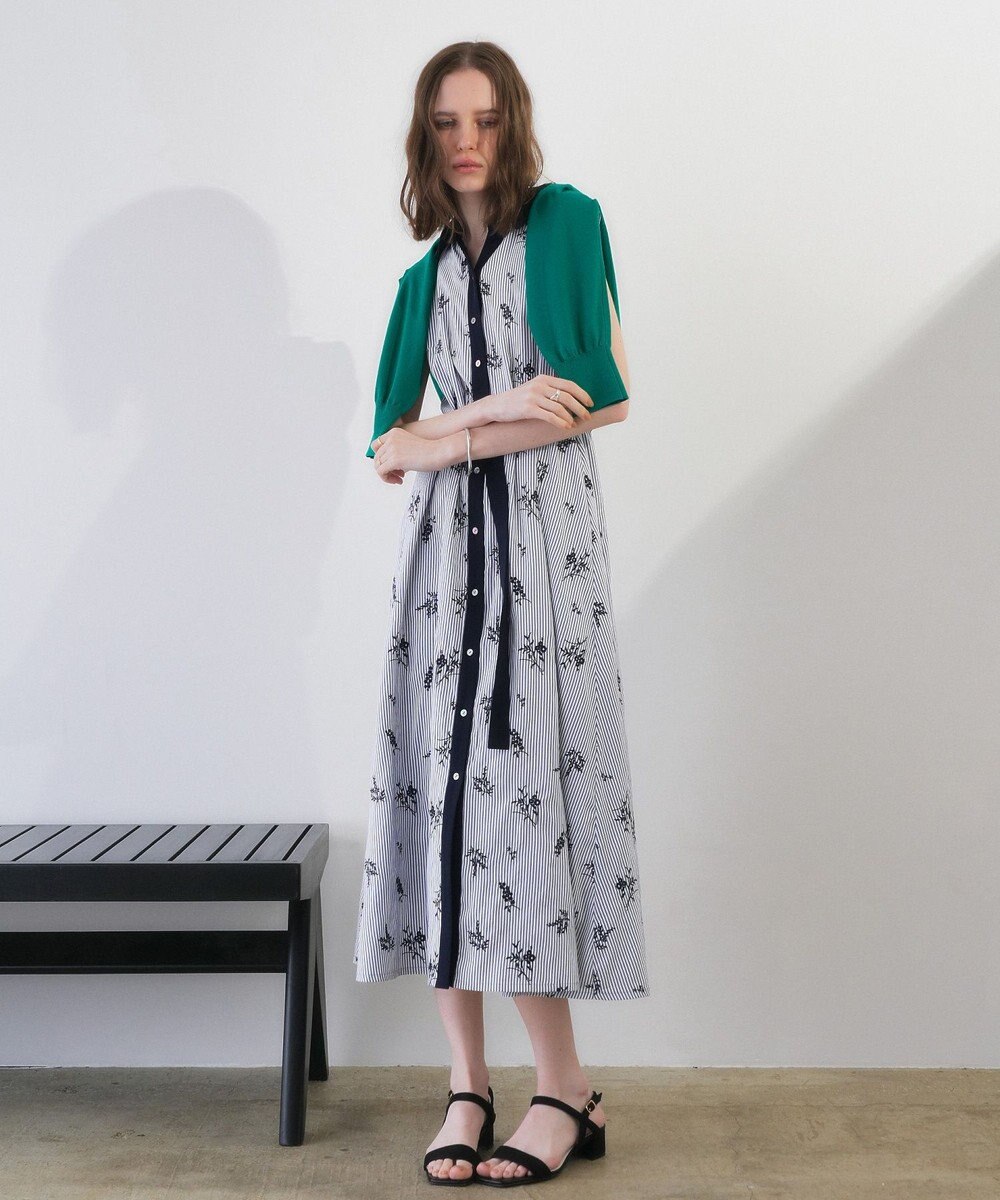 YECCA VECCA ストライプ柄フラワー刺繍ワンピース 