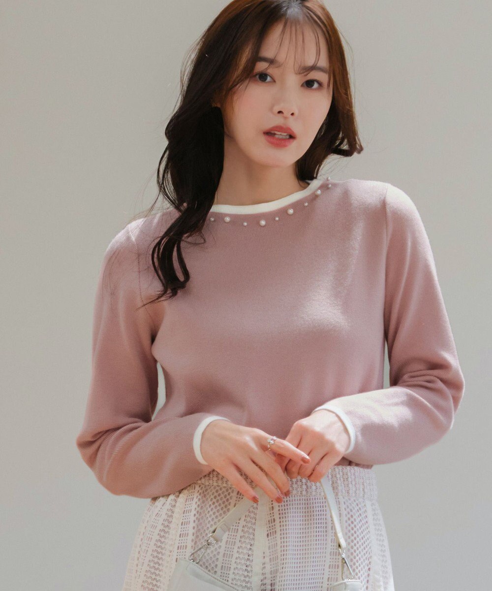 Tiaclasse L 【洗える】襟パール配色ニットトップス 