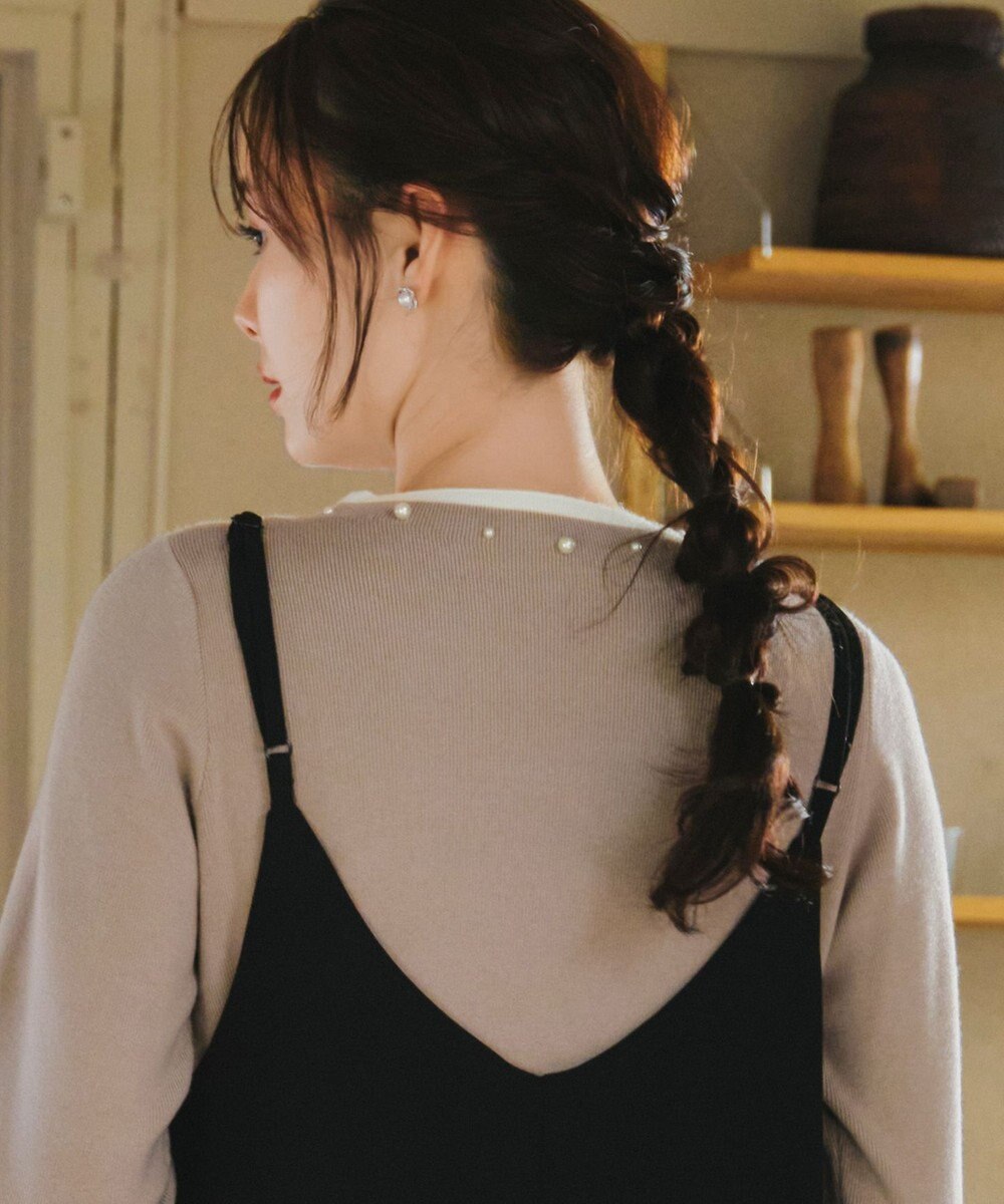 Tiaclasse L 【洗える】襟パール配色ニットトップス 