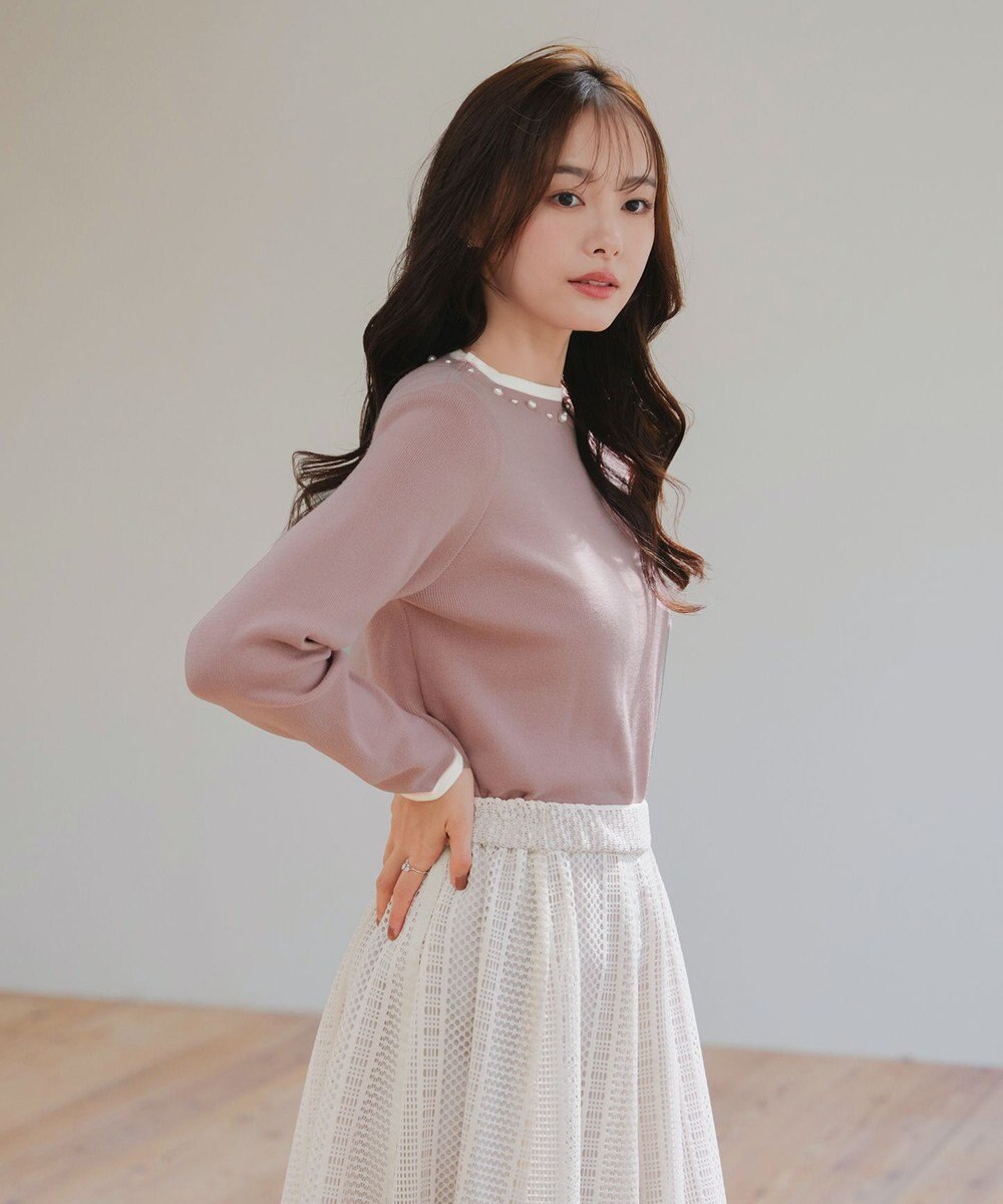 Tiaclasse L 【洗える】襟パール配色ニットトップス 