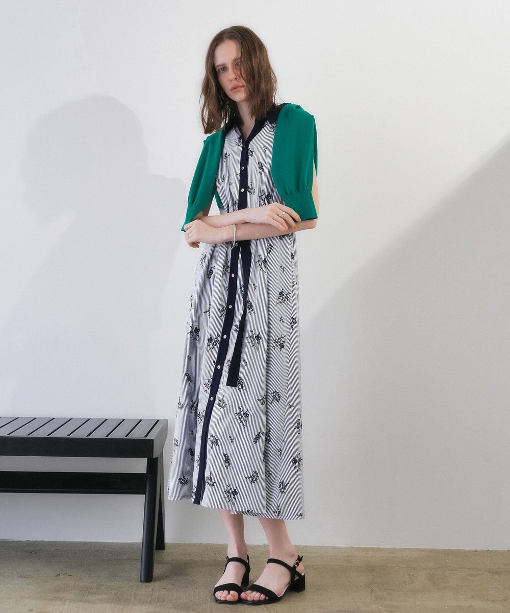 YECCA VECCA ストライプ柄フラワー刺繍ワンピース 