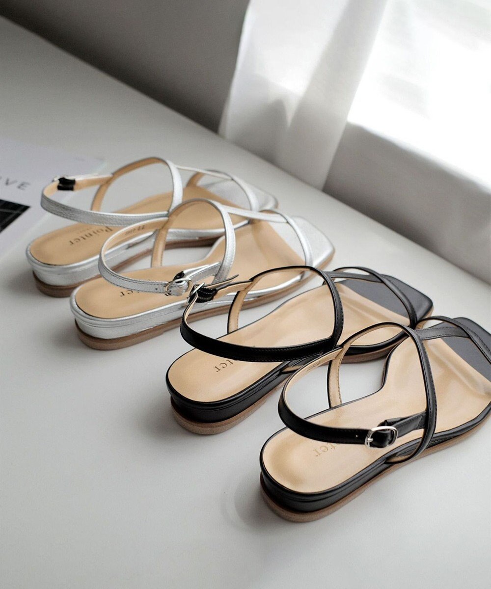 Pointer 日本製 本革ゴム仕様ストラップスクエアトゥサンダル 