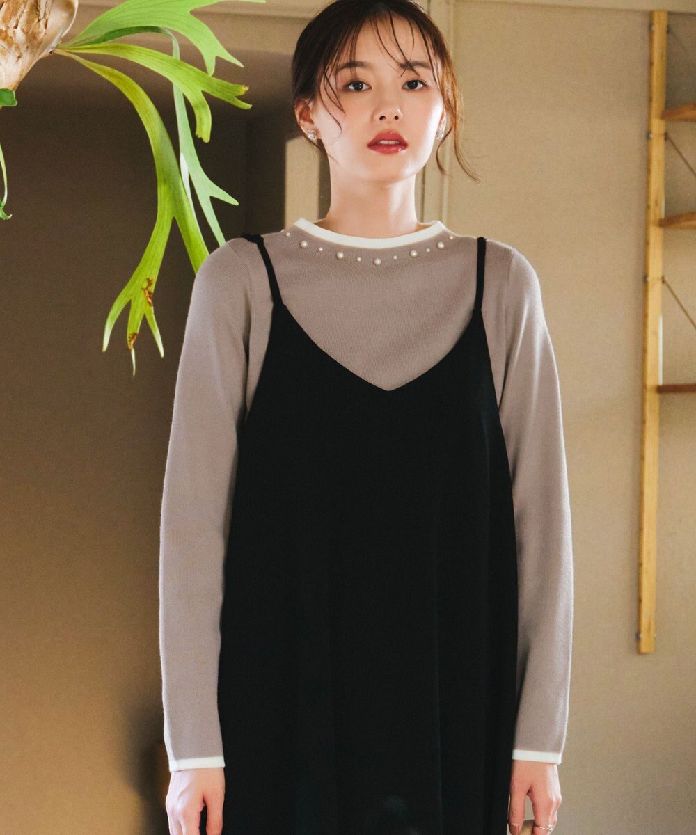 Tiaclasse L 【洗える】襟パール配色ニットトップス 