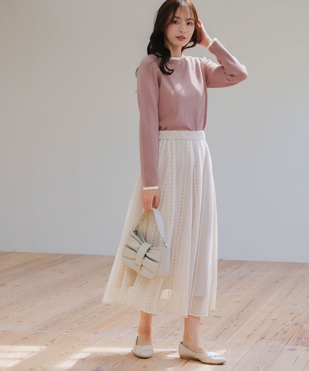 Tiaclasse L 【洗える】襟パール配色ニットトップス 