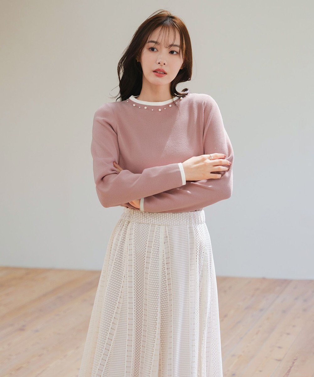 Tiaclasse L 【洗える】襟パール配色ニットトップス 