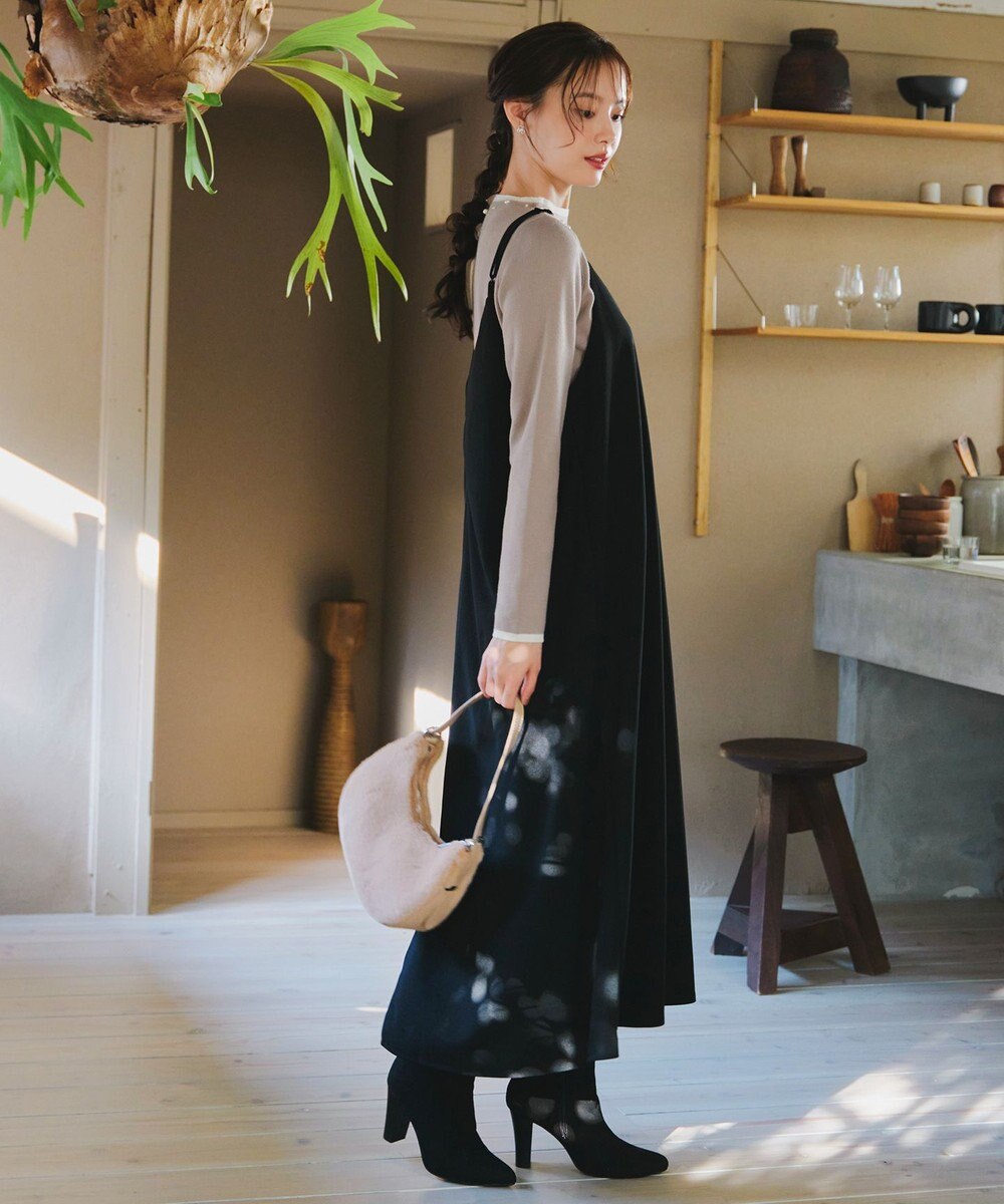 Tiaclasse L 【洗える】襟パール配色ニットトップス 