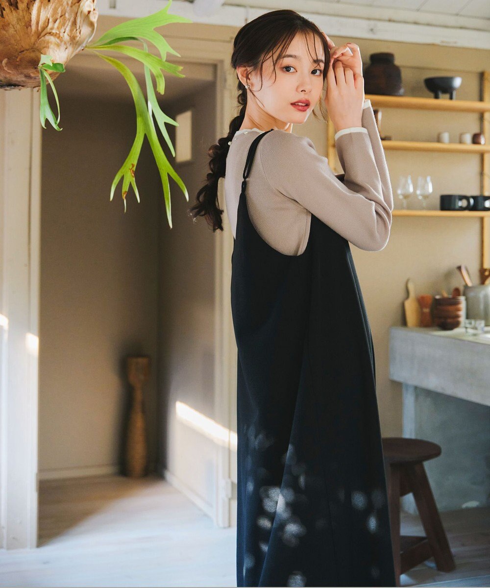 Tiaclasse L 【洗える】襟パール配色ニットトップス 