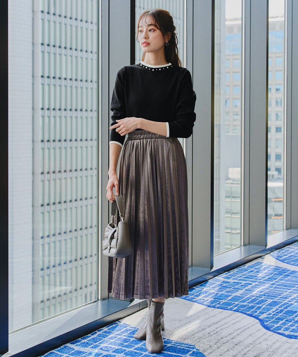 Tiaclasse L 【洗える】襟パール配色ニットトップス 