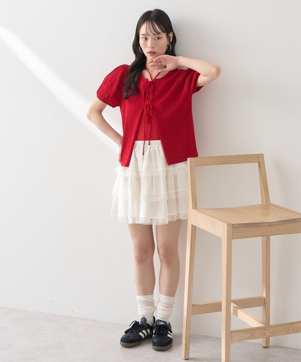 earth music&ecology 透かし編みフロントリボンカーディガン 